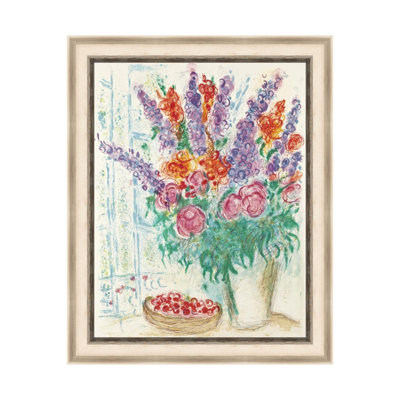 "Bouquet de fleurs encadrées avec panier de fraises" par Marc Chagall, impression giclée surréalisme romantique onirique, peinture moderne, décoration intérieure (chêne blanc et gris minéral, 16 po x 20 po)
