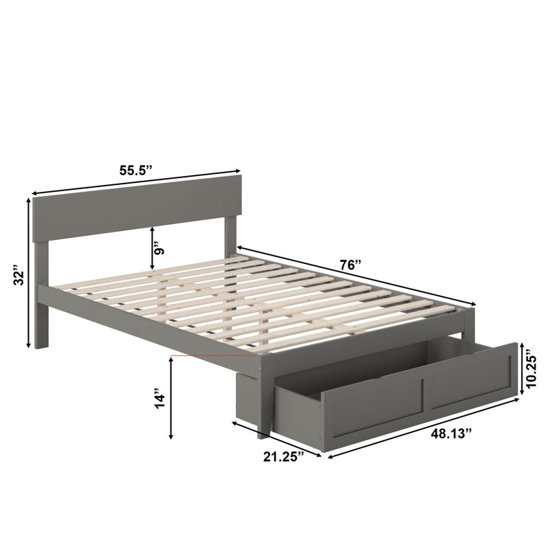 Lit plateforme avec rangement en bois massif Farrah, Gris, Double