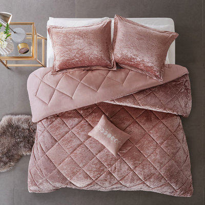 Édredon luxueux en velours rosé très grand / très grand, lavable à la machine avec 2 taies décoratives et un très grand coussin en rosé, décoratif inclus, fer à vapeur froissé