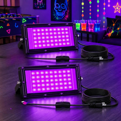 2-Pack 50W LED Blacklight Flood Lights, IP66 Waterproof, 385-400nm, with 6Ft Cord, Plug and Switch | Outdoor UV Lighting for Halloween, Glow Parties, Body Paint, Rooms, Fluorescent Posters and Neon Decor