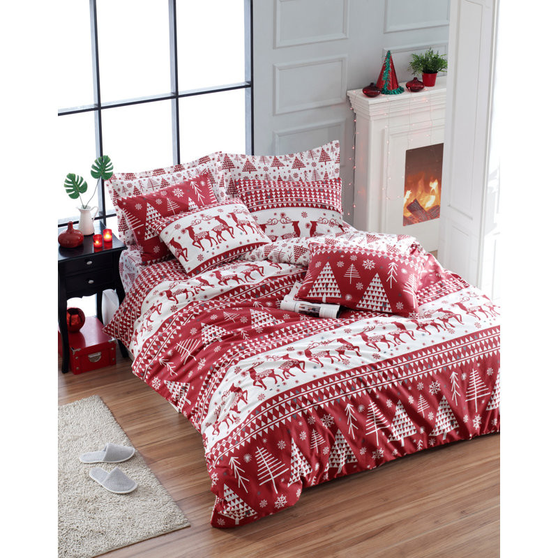 Ensemble de housse de couette 100% coton rouge / blanc Copake, Housse de couette très grand + 2 taies d'oreiller