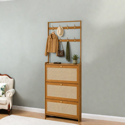 Armoire de rangement pour chaussures moderne, tiroirs en rotin de bambou avec 8 crochets, entrée