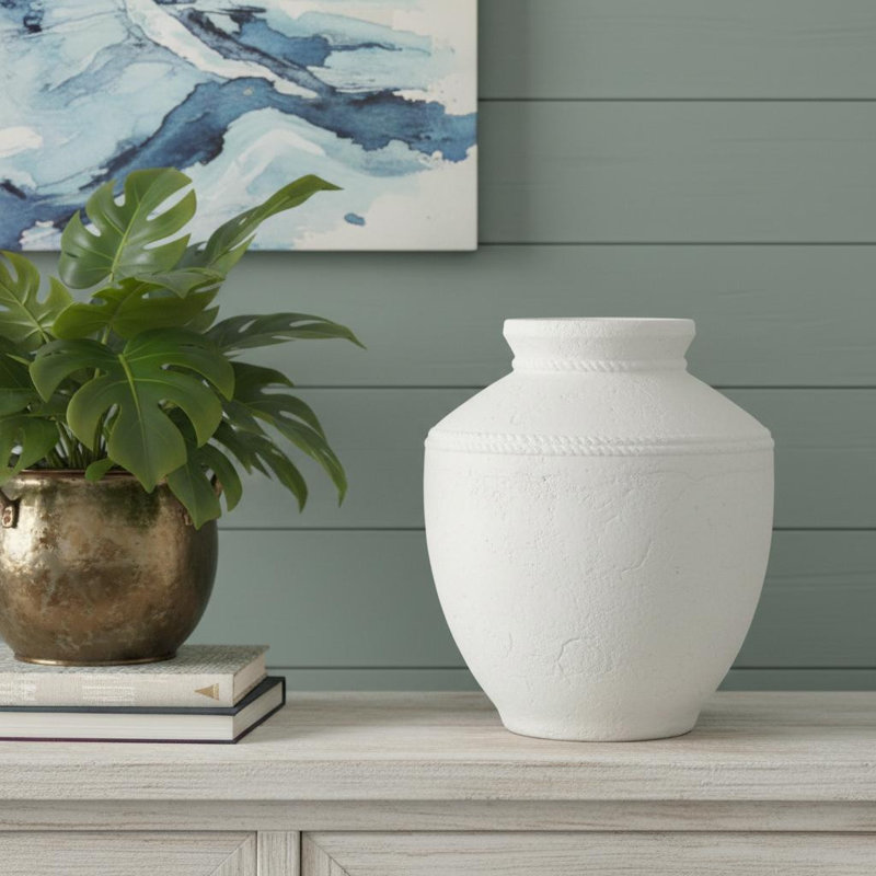 14" White Terracotta Round Jug Vase, 13.8" H x 11.8" W x 11.7" D