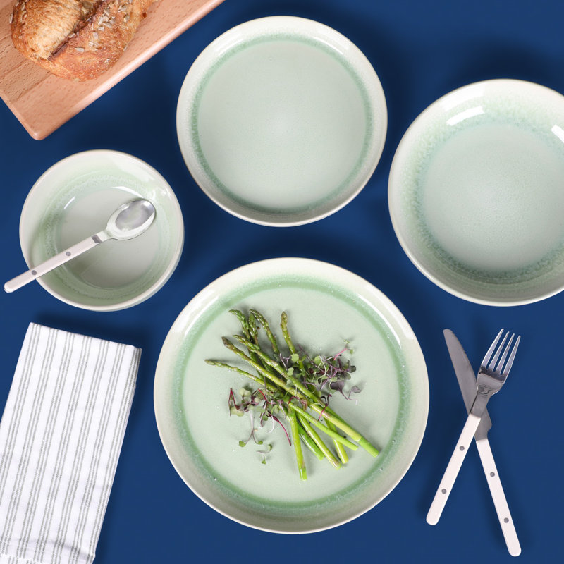 Green Ceramic 16-Piece Glossy Dinnerware Set