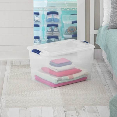 Contenant de rangement en plastique transparent de 66 pintes avec couvercle transparent, loquet bleu