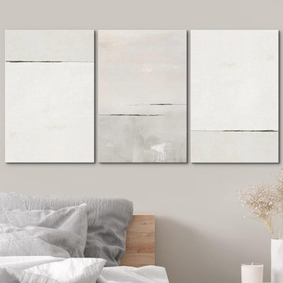 Minimalist "Beige & Grey Tunes Abstract Horizon Lines Artwork, Simple Neutral Modern Wall Pictures, Framed Canvas Giclée Print 3 Pieces Wall Art x3 pcs