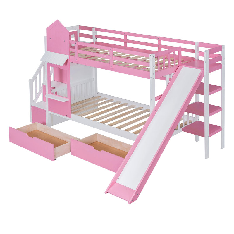 Lit superposé de style château avec 2 tiroirs, 3 tablettes et glissade, Rose, Simple sur simple