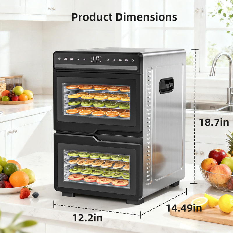 Déshydrateur d'aliments à double chambre 21100W avec minuterie 72H et 12 plateaux en acier inoxydable pour les fruits, les légumes et la viande