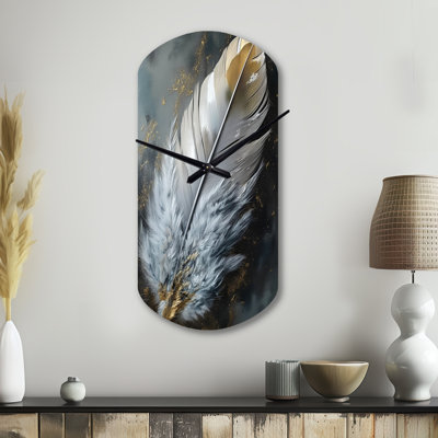 Gold Boho Chic Feathers V - Glam Feather Asymmetrical Metal Wall Clock, Modern Cylinder Wall Clock Print