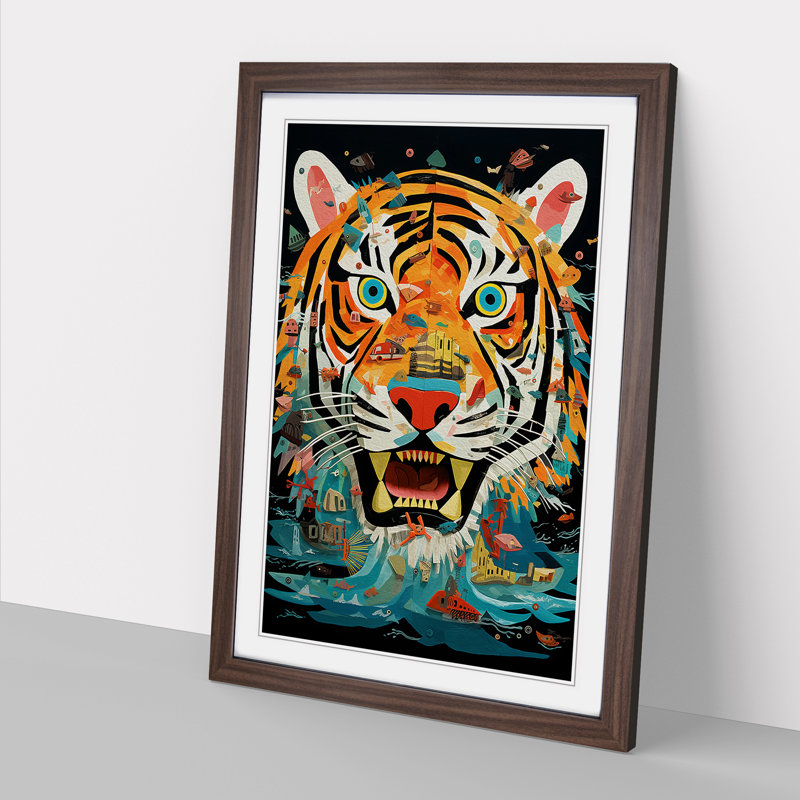 Tiger Dadaism - Single Picture Frame Print on Wood, Walnut, 34cm H x 25cm W x 2cm D