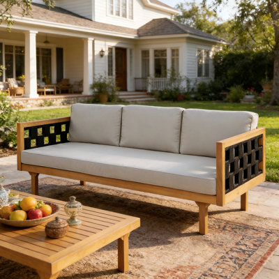 Three-Seater Outdoor Daybed - Acacia Wood Teak Finish Frame With Cushions & Flat Rope, Patio Lounge Sofa For Garden Deck Backyard