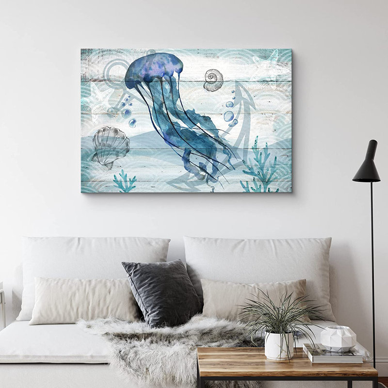 Marine Lifes In The Sea Jellyfish under the Sea with Shells Amphibians Beach - reproduction d'art sur toile tendue