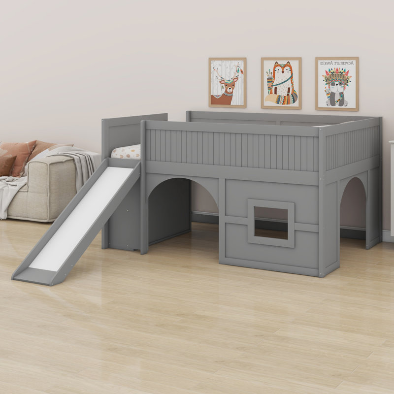 Lit mezzanine bas fonctionnel avec glissade et tablettes intégrées, Gris