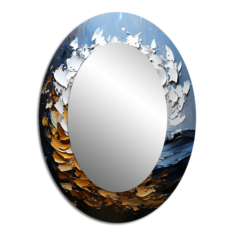 Gold And Blue Turbulent Waters Spiral I - Gold Modern Oval Wall Mirror, 40" x 30"