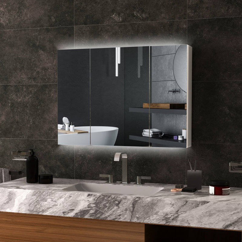 Armoire de rangement murale à miroir pour salle de bain - H 25,5 po x l 35,5 po x P 6 po, blanc, lumières alimentées, tablette réglable éclairée avec H 6 po x P 25,5 po, détachable