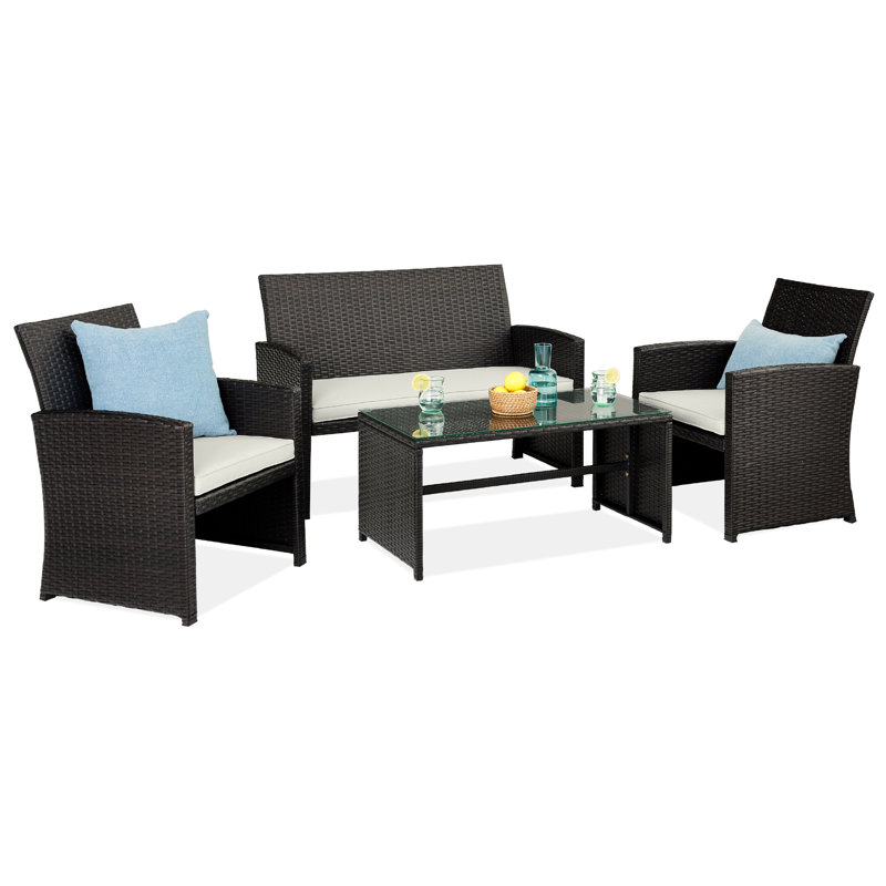  4-Piece Outdoor Wicker Patio Conversation Furniture Set W/ Table, Cushions - Black/White Sand
