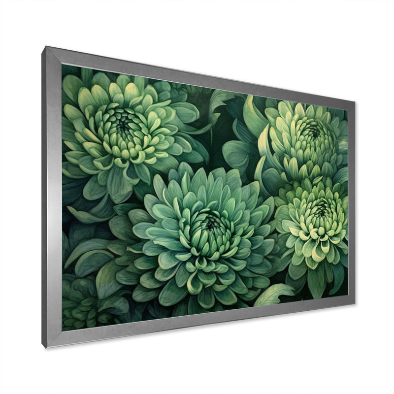 " Green Mums In Bloom ", 16" H x 32" W x 1" D, Silver Single Picture Framed