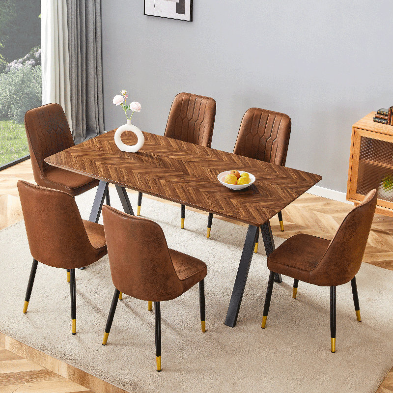 Ensemble de table de salle à manger Mid-Century moderne en bois, finition noyer rustique, 7 pièces : table, 6 chaises
