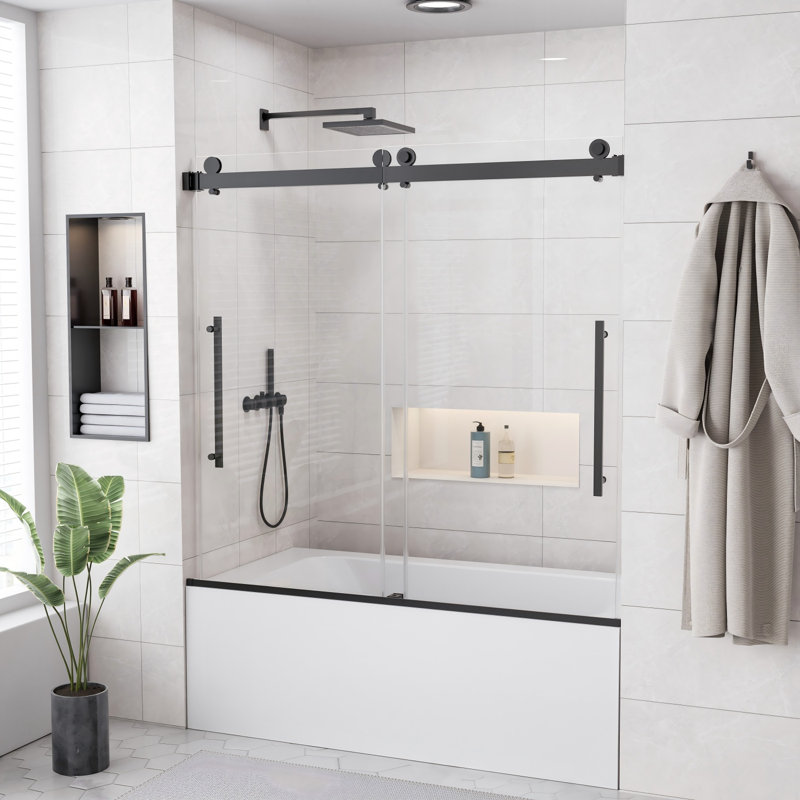 Porte de douche coulissante double demi-cadre l 56 à 60 po x H 58 po, noir mat, verre trempé transparent 1/4 po