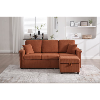 4 unités en forme de L en velours côtelé orange avec rangement escamotable, coussins amovibles, rechargeables et moelleux 4 porte-gobelets modulaires, compartiment de rangement dissimulé pour appartement