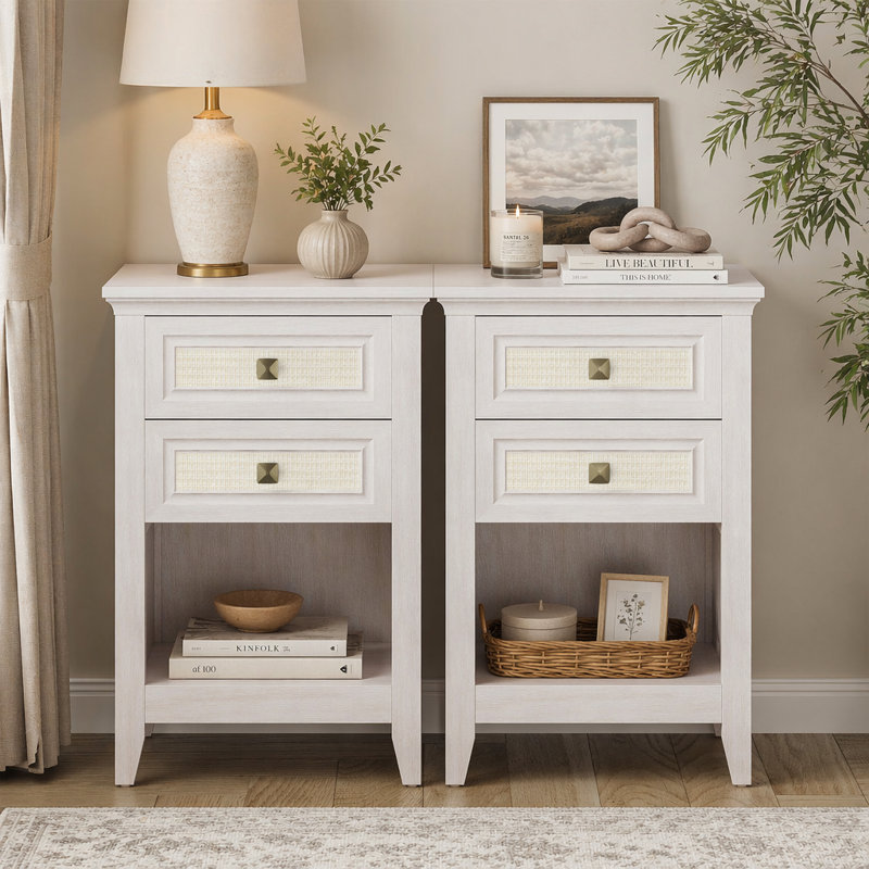 Table de chevet en rotin blanc grisâtre avec rangement pour petits espaces et salons (ensemble de 2)