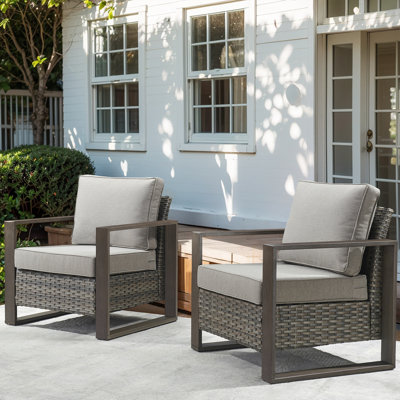 Drazen Outdoor Wicker Club Chair Set Of 2 With Thick Cushions & Unique Wood-Grain Armrests