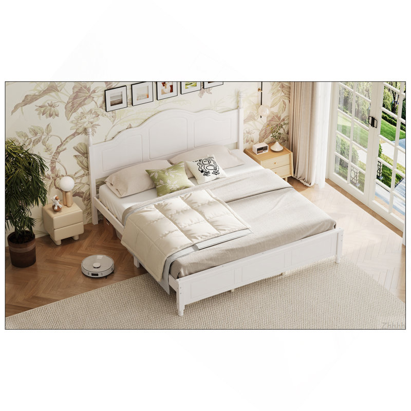 Structure de lit plateforme très grand avec tête de lit à vagues rétro, support de lattes en bois, aucun sommier requis, assemblage facile, structure robuste, mobilier de chambre à coucher avec design rétro classique, blanc