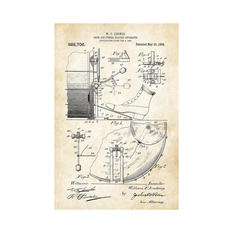 Ludwig Drym And Cymbal by Patent77 - Wrapped Canvas Print, 20.32 cm H x 30.48 cm W