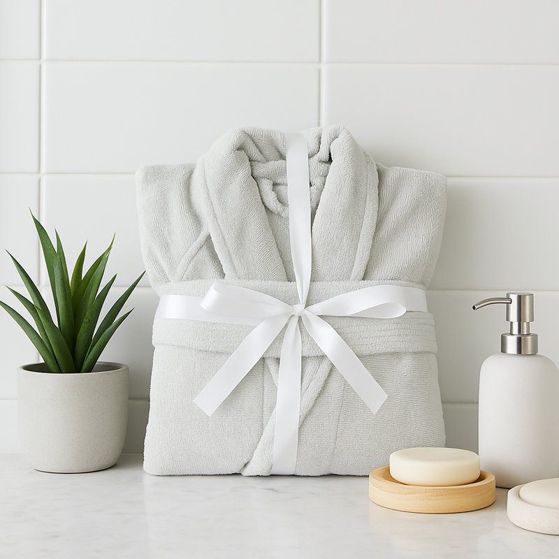 Cotton Blend Mid-Calf Bathrobe with Pockets, S/M, Grey