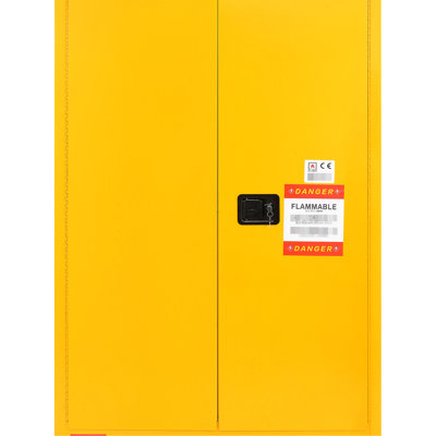 Rangement pour liquides inflammables 45 gallons, acier, 42,9 x 18,1 65,2 po, preuve, jaune, utilisation industrielle, 2 tablettes réglables, portes manuelles, ventilée, sécurisée avec ramassage, mise à la terre et 3 verrous en acier