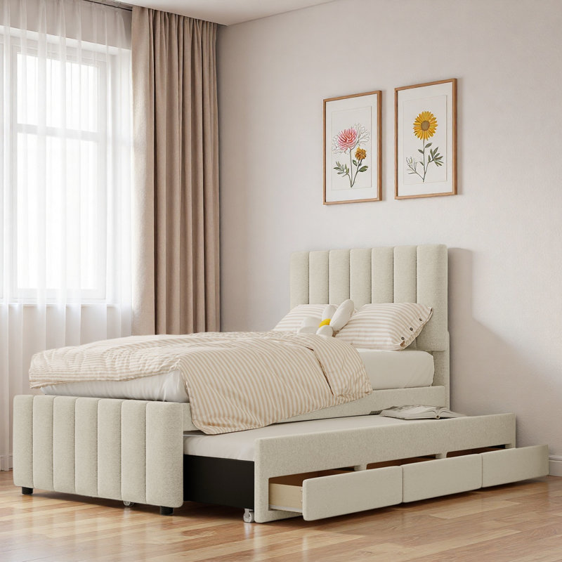 Lit plateforme simple tapissier avec lit gigogne et 3 tiroirs, Beige