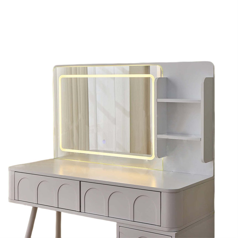 Modern Makeup Vanity Desk With LED Lights & Mirror, 4 Drawer Dressing Table Set With Stool, 3 Colors Dimmable Brightness, Space-Saving For Bedroom