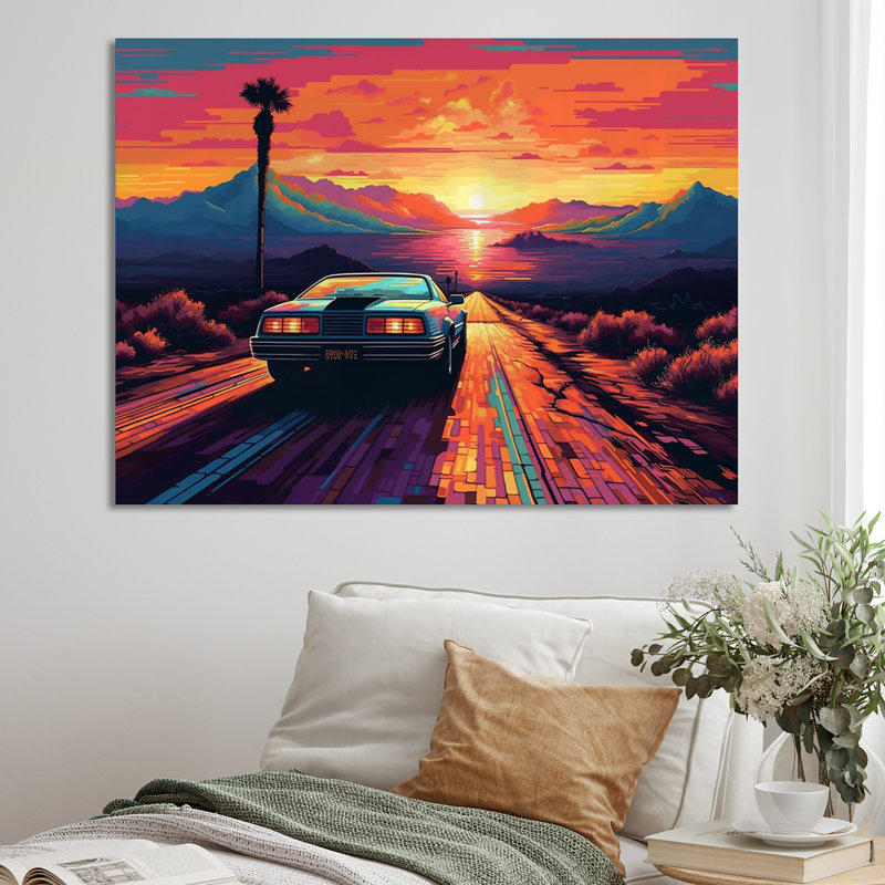 Chorio, voiture classique rétro orange et bleue sur toile, H 24 po x l 32 po x P 1 po, Toile tendue