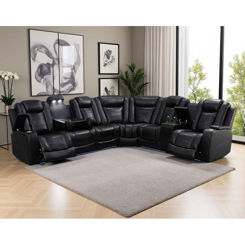 Airflow Leather 3-Piece Reclining Sofa Set With Wireless Charging & Center Console, Black Faux Leather
