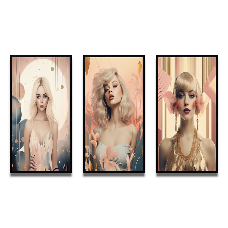 Art nouveau pleine lune blond - ensemble de 3 impressions, Cadre flottant noir, H 20 po x l 36 po