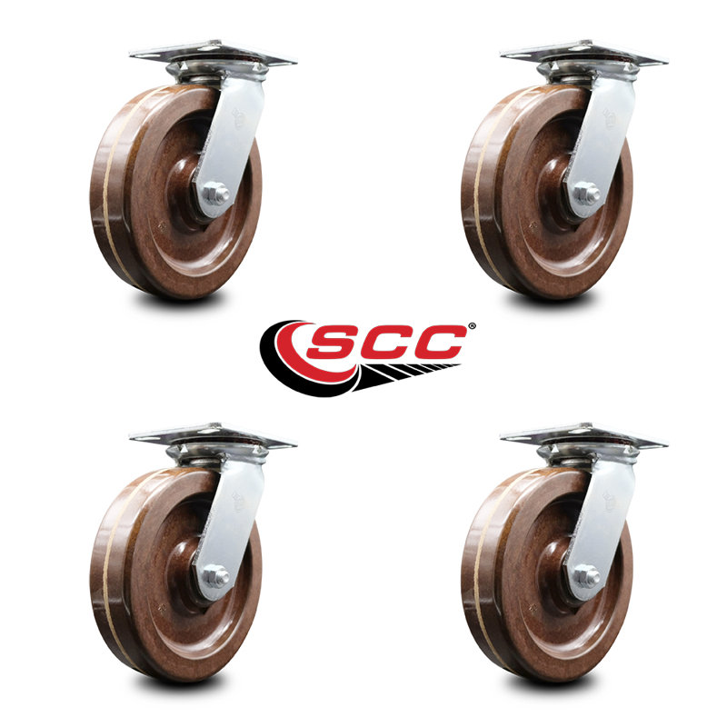 8 Inch Heavy Duty High Temp Phenolic Caster Set with Roller Bearings Set of 4