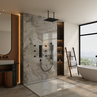 16" Ceiling Mounted 4-Function Thermostatic Rainfall Shower System with 6 Body Jets and Slide Bar