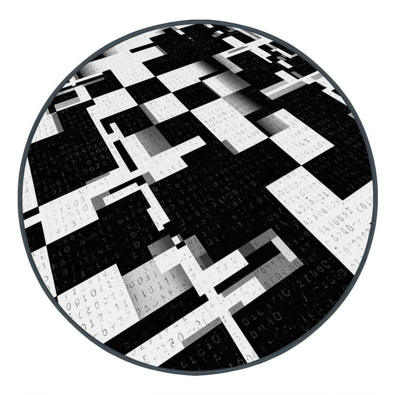 Tapis à damier moderne lavable à la machine en vert - reliure noire, Rond 8 pi