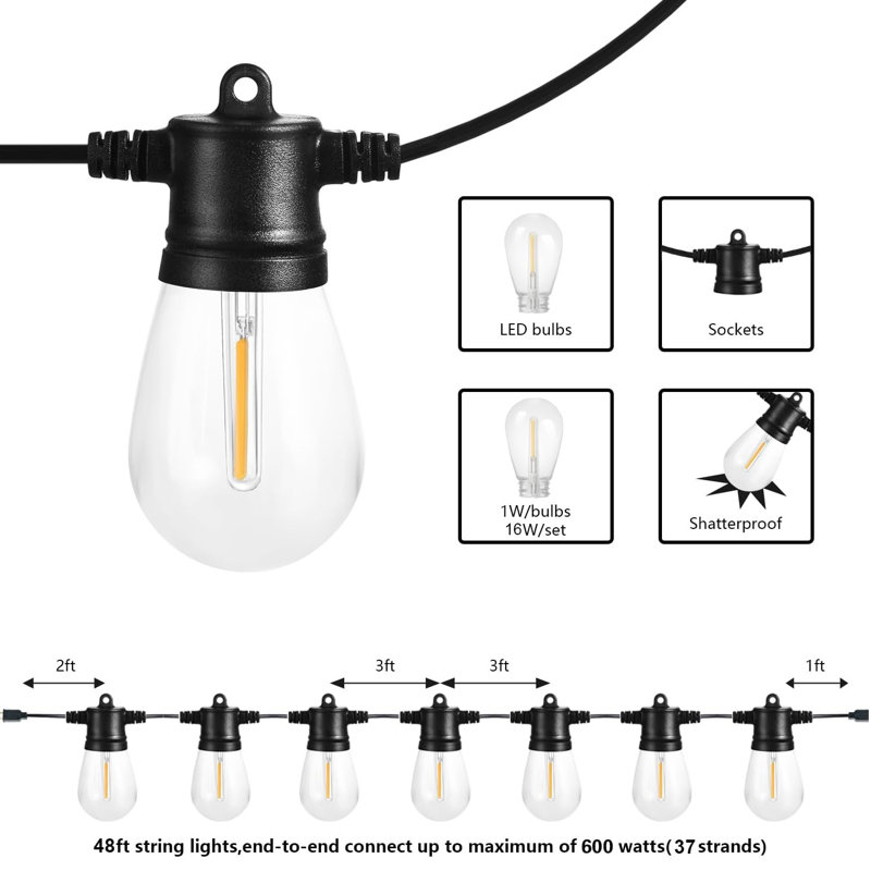 48FT LED Patio String Lights, 16 Shatterproof Bulbs