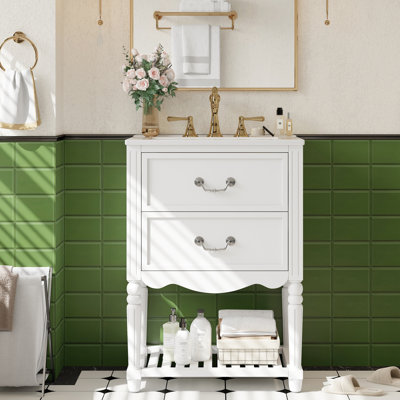 Meuble-lavabo de 24 po avec lavabo en céramique brillante, style rétro Palace, deux tiroirs et tablette ouverte, trou de déversement pour évier blanc, tiroirs à fermeture en douceur, rangement organisé sur tablette