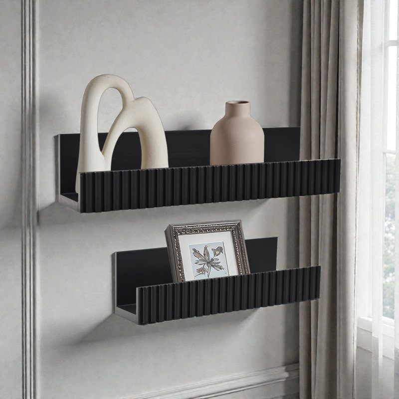 American Art Decor Ribbed 2-Piece Floating Wall Shelf Set, Black shabby elegance, Satin Black