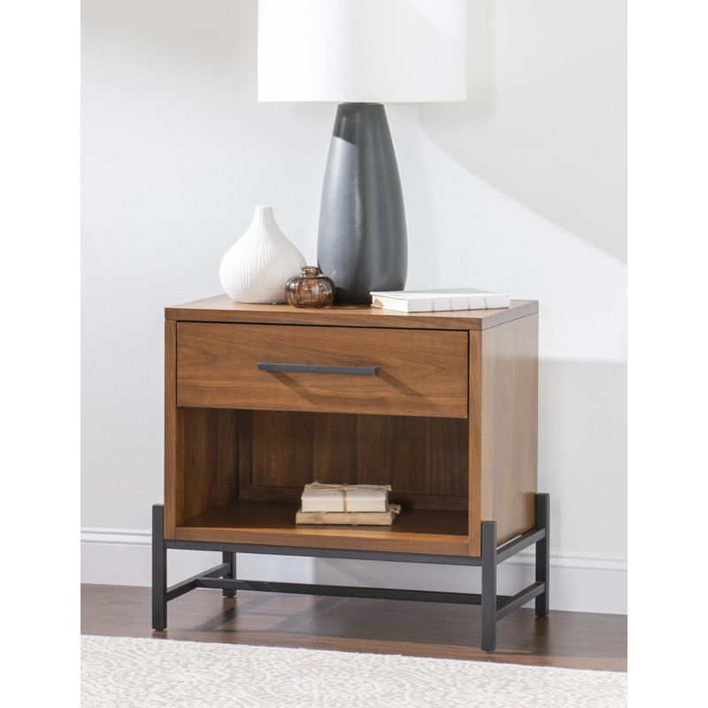 Table de chevet ouverte Midland (1 tiroir, tablette, lumière DEL, alimentation avec 2 prises, 1 USB, + 1 USB-C)
