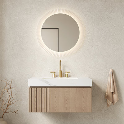Lavabo pour salle de bain 36 po, rangement flottant en contreplaqué avec porte, comptoir en pierre frittée blanche, lavabo en céramique, tiroir, meuble-lavabo 36 po avec surface d'usure et trous de robinet pré-percés dans l'armoire, tiroir lisse