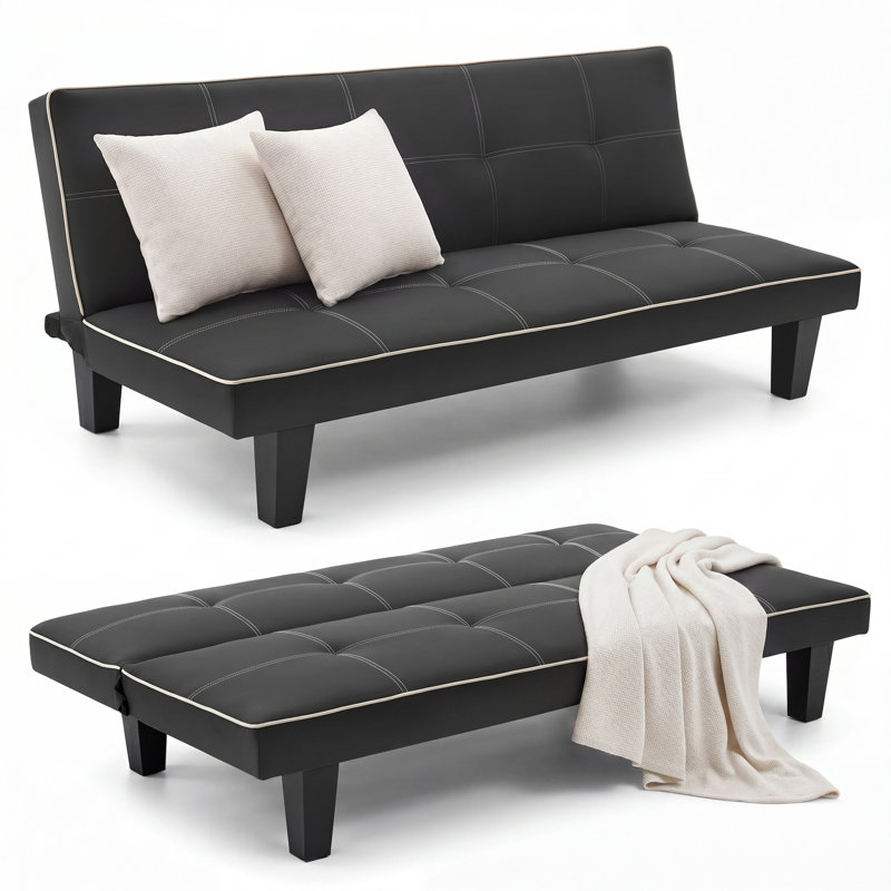 Canapé-lit futon convertible 68,5 po, canapé-lit ajustable en similicuir avec structure en bois massif, Black