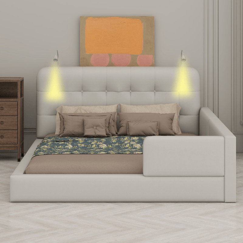 Lit plateforme tapissier avec lampes de lecture, White