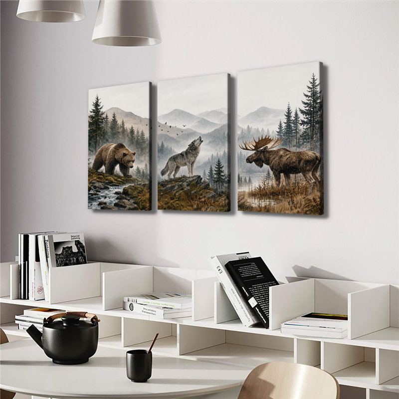Ensemble d'œuvres d'art sur toile rustique avec loup, H 30 po x l 60 po x P 1 po
