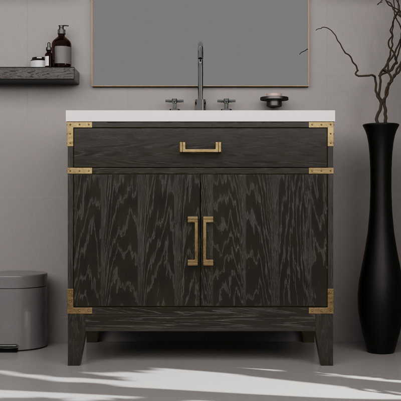 Meuble-lavabo simple en chêne noir l 36 po x P 22 po, avec comptoir en quartz blanc