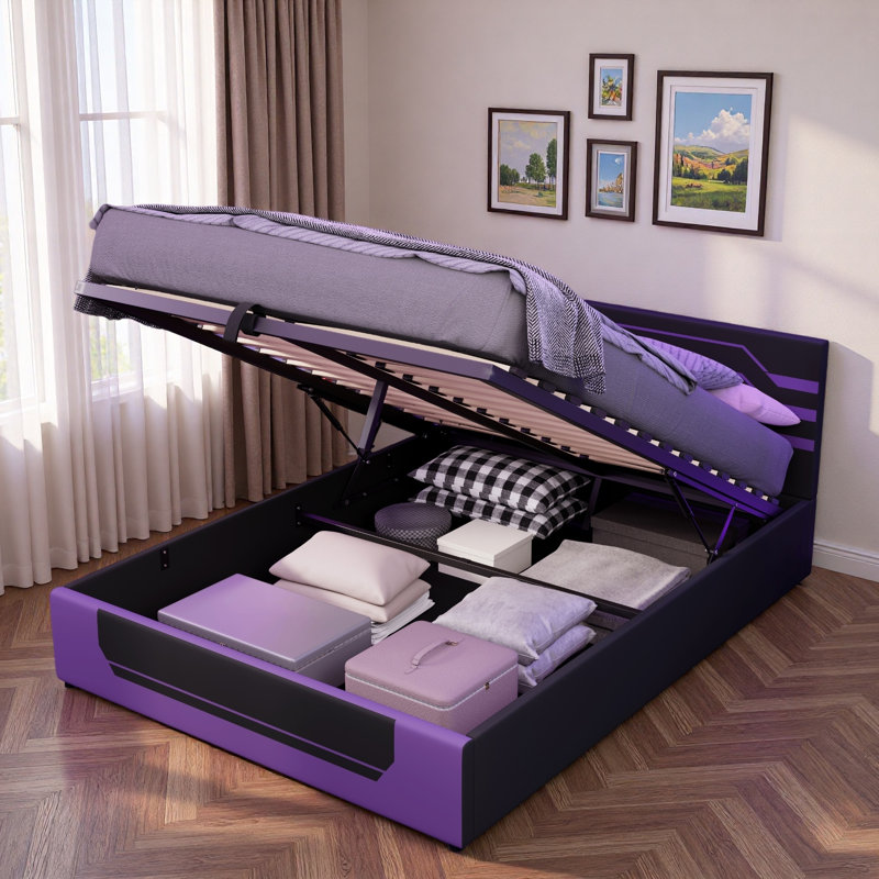 Lit de jeu avec système de levage hydraulique et compartiment de rangement sous le lit, Noir / mauve
