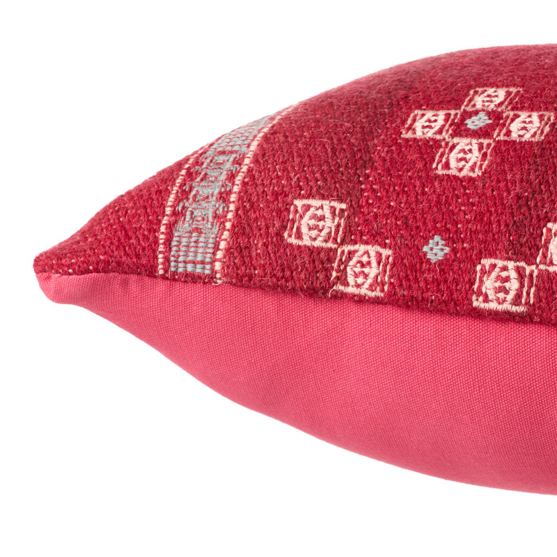 Red Wool Blend Embroidered Lumbar Pillow with Cotton Back
