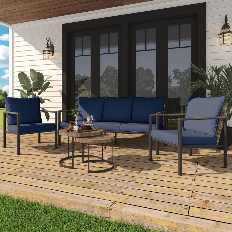 5-Person Outdoor Wicker Metal Sofa Seating Set with Cushion, Blue
